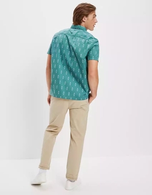 Hauts Flanelle American Eagle AE Printed Button-Up Resort Shirt Turquoise Homme | HZG-16942817